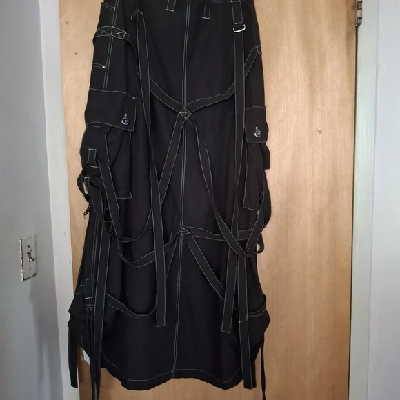 Rare ILLIG Rave Goth Y2K Black Women's Cargo Skirt with Decorative Bands - Picture 2 of 6